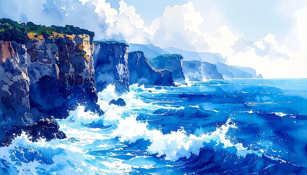 伊豆海岸断崖青海波水彩コントラスト