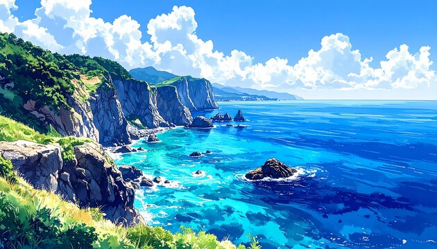 伊豆海岸断崖青海コントラスト水彩風景2