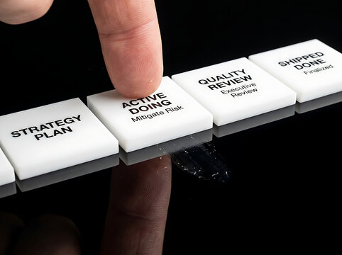 Initiating action A finger presses 'Active Doing' on a project workflow, symbolizing the transition from strategic planning to execution and implementation