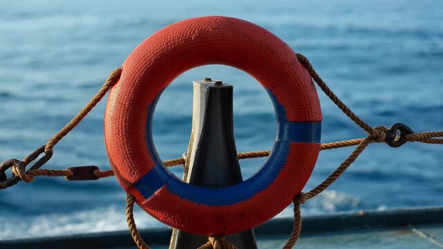 Nautical Safety Close-Up of a Weathered Lifebuoy on a Ship, Symbolizing Maritime Security and Naval Tradition