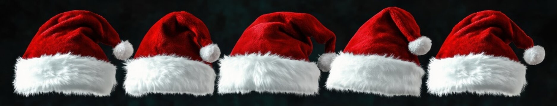 Five red fur-trimmed holiday hats with white pom-poms lined up on a dark background, festive and cheerful winter mood