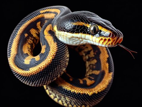 coiled black and yellow patterned python with forked tongue flicking, glossy scales and alert gaze against a black background