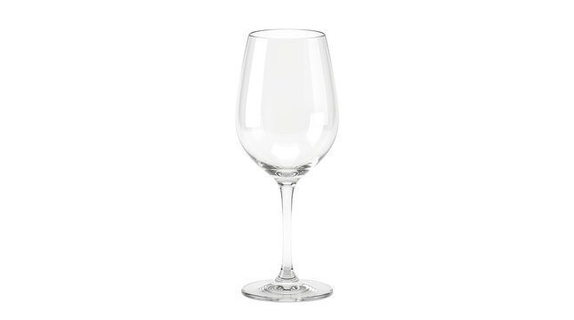 A clear, empty wine glass stands elegantly on a clean white background, showcasing its delicate form and transparent quality.