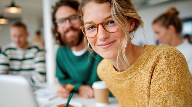A cheerful young woman is smiling at the camera in a cozy coffee shop, wearing glasses and a stylish sweater, exuding warmth and friendliness among her friends.