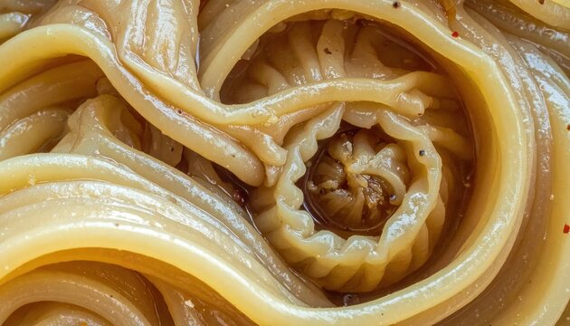 Close-up Macro Shot of Cooked Pasta Spirals with a Central Focus.
