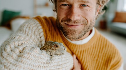 Obraz na płótnie Canvas A friendly and confident man poses with a lizard wrapped in a cozy sweater, portraying a blend of warmth and affection for unique pets in a comfortable setting.