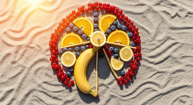 Payung Pantai Unik Terbuat dari Buah Segar Beragam Warna di Atas Pasir Pantai yang Terkena Sinar Matahari Cerah