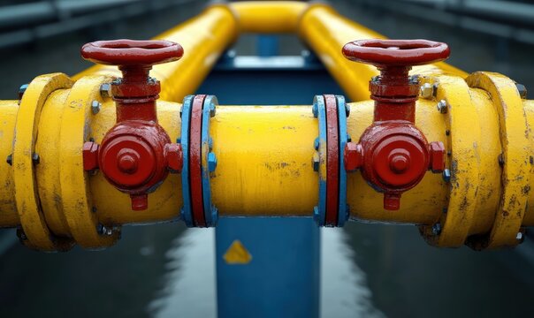 Two red handwheel valves on yellow industrial pipes with blue flanges over a water channel, worn paint and bolts conveying sturdy utilitarian precision