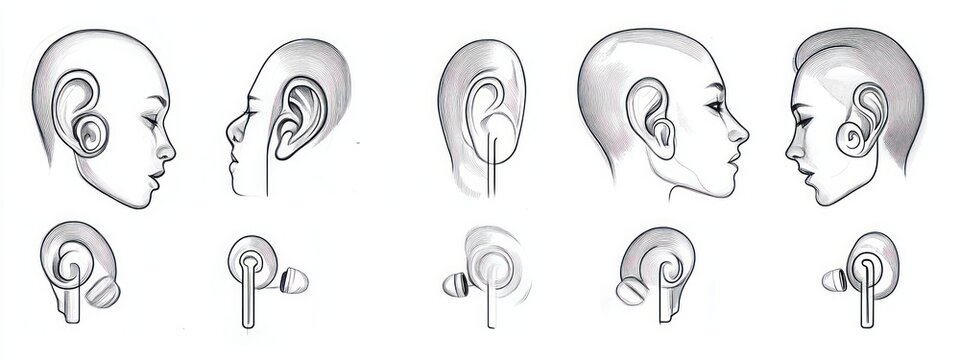 pencil sketches of human ears and in-ear earbuds shown from multiple angles, detailed technical study illustrating fit and placement with a calm instructional tone