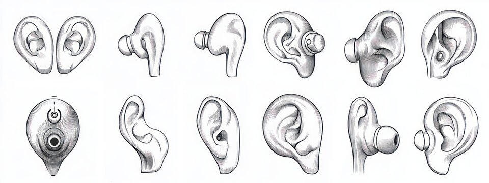 pencil study of multiple human ear shapes and in-ear earphone concepts arranged in rows, anatomical sketches conveying calm observational precision