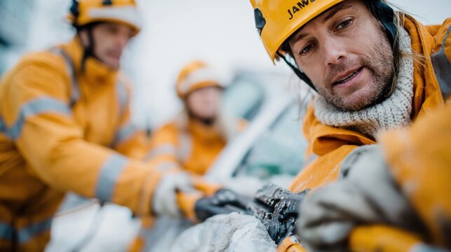 A skilled worker focused on his task at a snowy construction site, showcasing commitment and professionalism. The importance of teamwork shines through in tough conditions.
