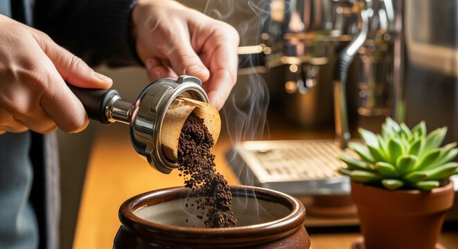 Barista dumping spent coffee grounds from portafilter into knock box