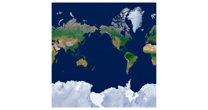 World Map in Spherical Mercator projection. High-detail physical map animation. Longitude rotation, worldwide coverage.