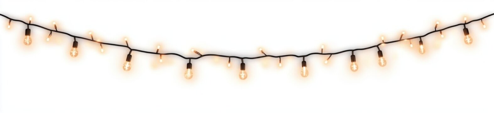 Warm glowing string of hanging bulbs and small fairy lights on a black cord against a white background, cozy festive ambiance