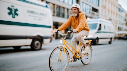 Fototapeta premium An elderly man pedals a yellow bicycle in a bustling urban environment, showcasing the charm of city life and the joy of embracing an active lifestyle at any age.