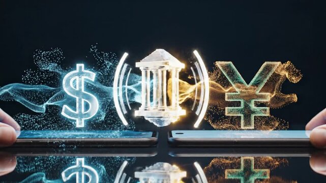 Institutional forex clearing bridge: Holographic bank gateway connecting dollar and yuan on smartphones, copy spac