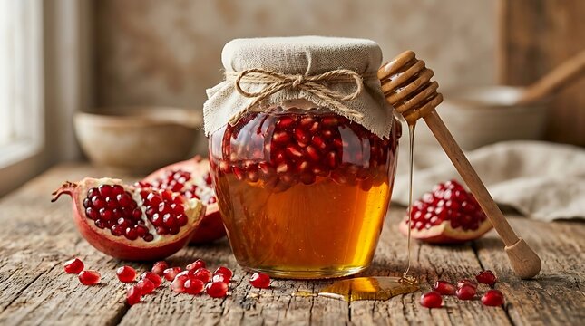 Sajian Madu Pomegranate Segar dan Alami dengan Honey Dipper di Atas Meja Kayu