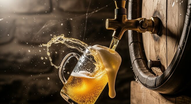 Draft beer pouring from wooden barrel into glass mug