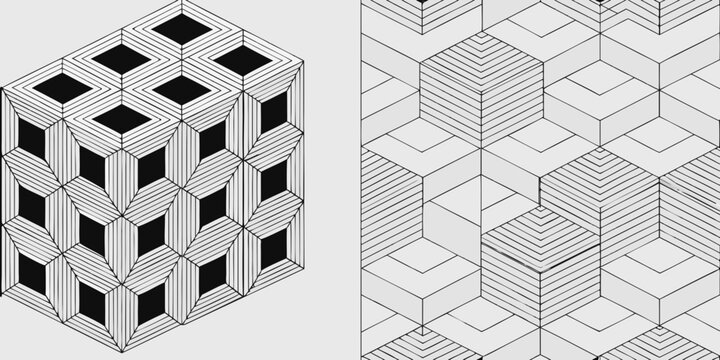 Isometric cube pattern black and white geometric illustration