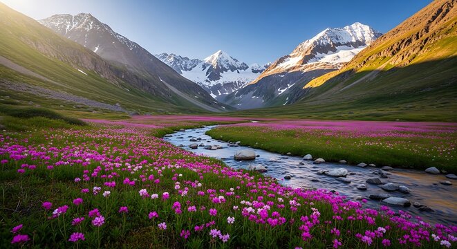 Alpine meadow with vibrant wildflowers and majestic mountain scenery