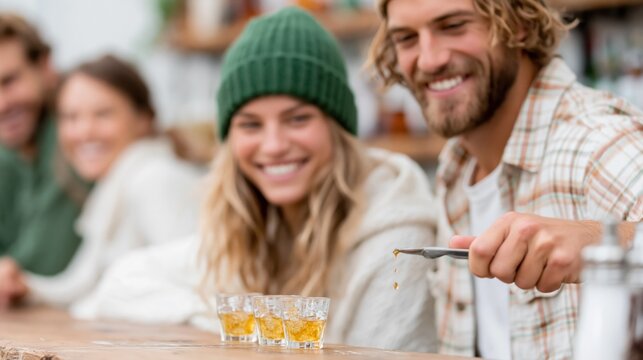 A group of friends is savoring whiskey shots at a trendy bar, highlighting camaraderie and joyful moments shared in a relaxed social atmosphere.