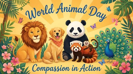 Fototapeta premium World animal day illustration with various animals and flowers