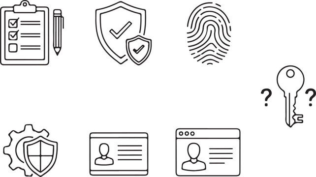 Security and identity verification icons with shields and keys and fingerprints