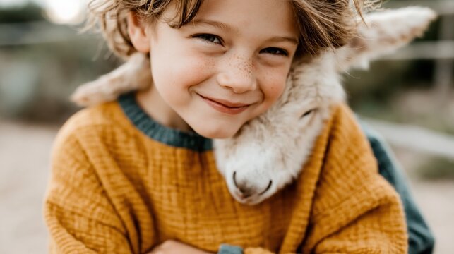 A young boy wearing a cozy sweater happily hugs a friendly animal, showcasing the joy and innocence of childhood in a beautiful outdoor setting surrounded by nature.
