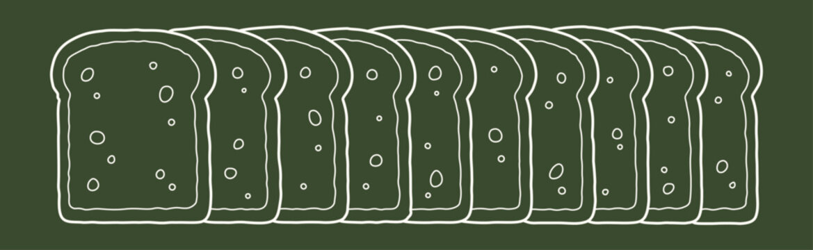 Bread slices drawing outline cartoon clipart vector with white loaf doodle line on green background for food art design