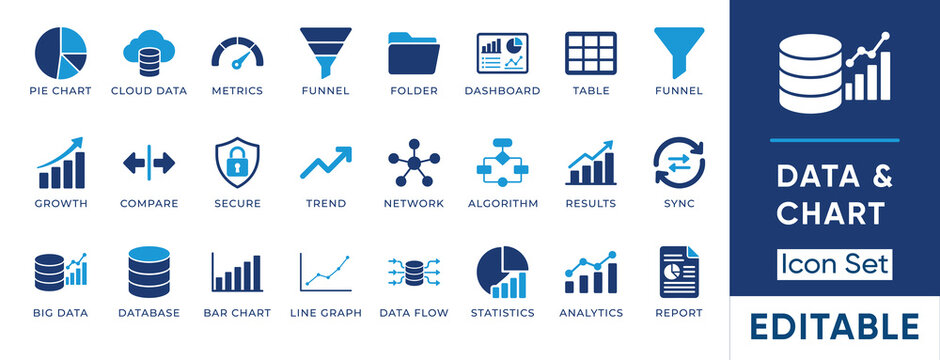 Data Analytics and Chart solid icon set. Includes symbols for Big Data, Dashboard, Algorithm, Cloud Data, and Statistics. Solid vector icons for business reporting and statistical analysis.