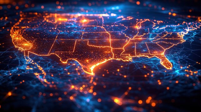 Glowing digital map of the United States with illuminated state borders, orange city lights and blue interconnected network lines conveying dynamic futuristic energy
