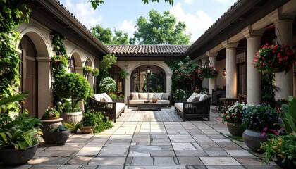Fototapeta premium Luxury Outdoor Patio with Arches and Greenery.
