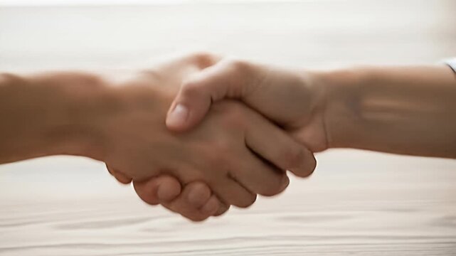 Close up shot of two people shaking hands, sealing a deal against a wood grain table