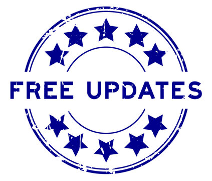 Grunge blue free updates word round rubber seal stamp on white background