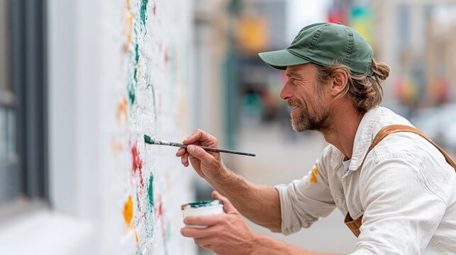A passionate artist is painting a colorful mural on an urban wall, capturing the essence of creativity and urban art in action, bringing life to public spaces.