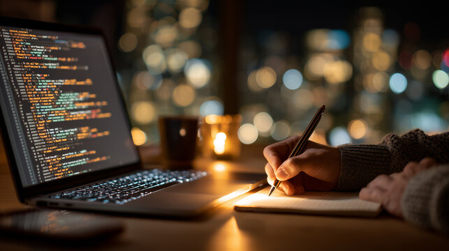 Developer writing code on laptop and taking notes at night with city lights background