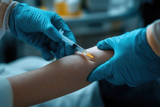 medical professional wearing blue gloves inserting a syringe needle into a patient's inner arm for venipuncture, calm focused clinical care