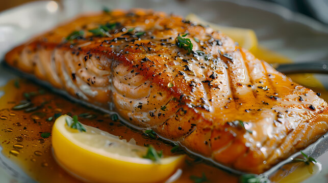 Pan seared salmon with crispy skin display a perfectly seared surface, golden salmon sear photography.