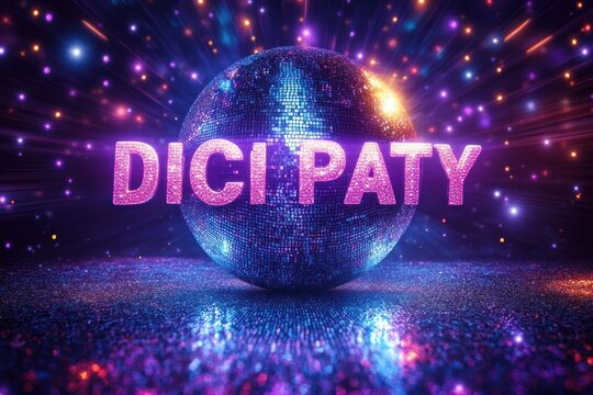 vibrant glamorous disco scene with a reflective sequin sphere, sparkling purple and pink lights, and bold glittering pink text evoking energetic celebration