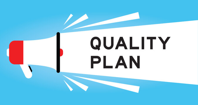 Color megaphone icon with word quality plan in white banner on blue background