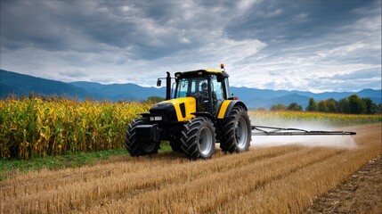 Fototapeta premium Tractor Spraying Fertilizer on Farm Field in Bright Daylight