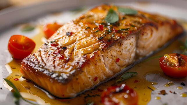 Pan seared salmon with crispy skin rest in golden butter sauce pool, golden salmon sear photography.