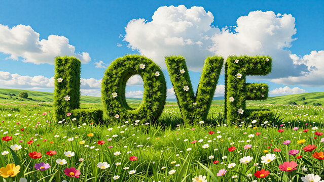 Green Love Letters in a Field of Wildflowers Under a Blue Sky