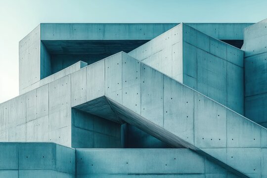 teal-toned brutalist concrete structure with angular ramps, stair-like volumes and hollow geometric forms conveying calm austerity