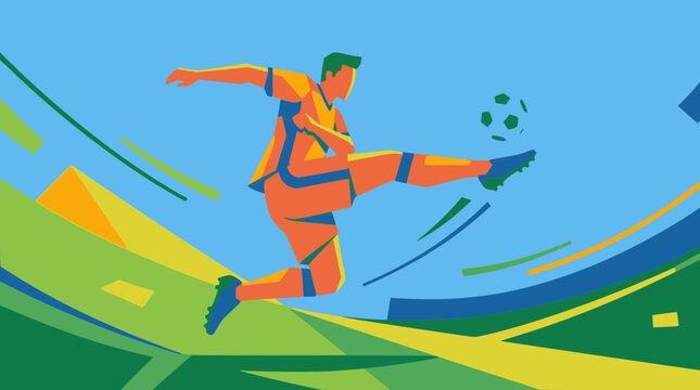 Vector professional soccer player in orange uniform kicking ball in abstract geometric arena