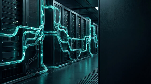 Bioluminescent cooling system in dark data center with organic glowing pipes between server racks, bio-tech concept