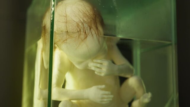 Exhibition of anatomical exhibits. A human infant with the pathological development of anencephaly