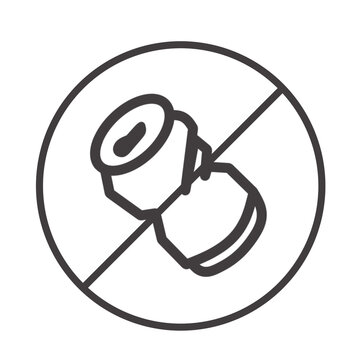 Prohibited aluminum can sign icon, crushed soda can in a strikeout circle, no littering vector illustration.