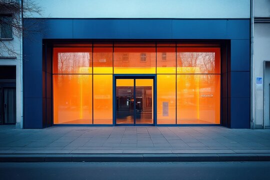 Empty modern storefront entrance with glowing orange interior, dark blue metal facade, large reflective glass panels and symmetrical glass doors, quiet warm urban mood