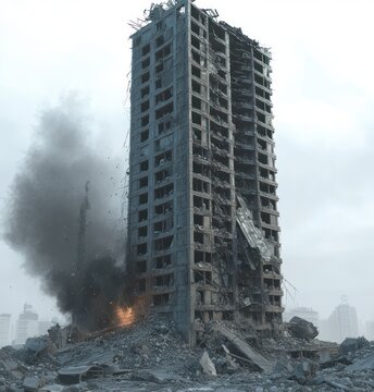 Severely damaged high-rise tower surrounded by rubble with smoke plume and small fire, a desolate and eerie urban scene of post-disaster devastation